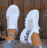 2025 Women’s Breathable Mesh Sports Sneakers – White Thick Sole, Non-Slip Summer Running Shoes with Strap, Lightweight Casual Trainers