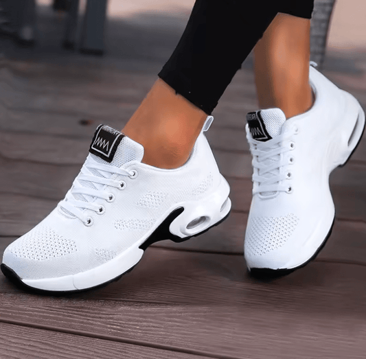 Women’s Breathable Mesh Walking Sneakers – White Vulcanized Platform Shoes, Lightweight Casual Gym Trainers