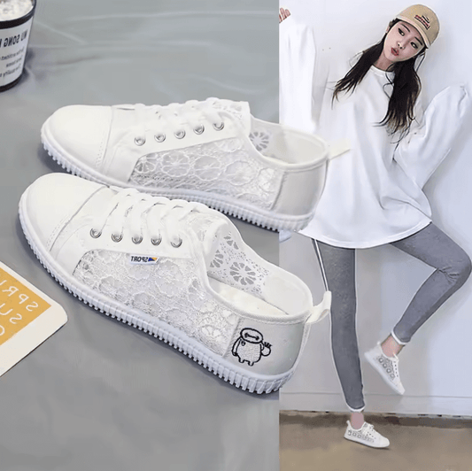 Women’s White Mesh Canvas Shoes – Breathable Lace-Up Summer Flats for Students & Casual Wear