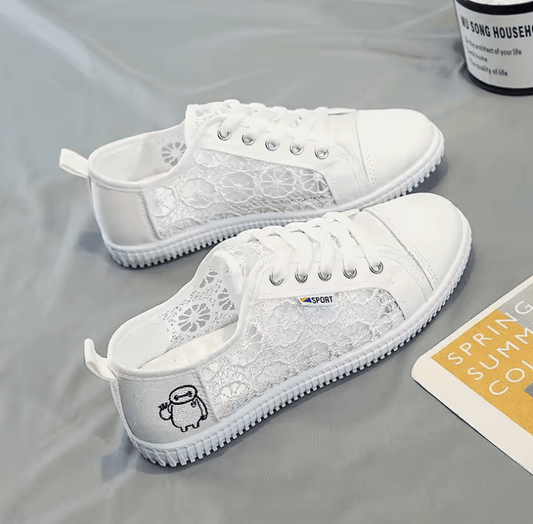 Women’s White Mesh Canvas Shoes – Breathable Lace-Up Summer Flats for Students & Casual Wear