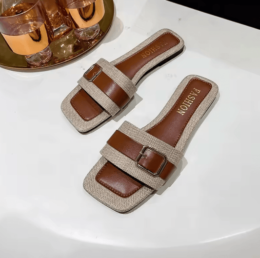 Women’s Summer 2025 Flat Sandals – Square Toe, Metal Buckle, Plus Size, Casual Beach Slippers, European & American Style