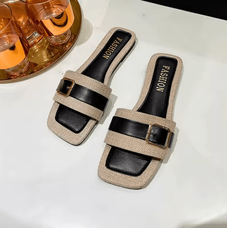 Women’s Summer 2025 Flat Sandals – Square Toe, Metal Buckle, Plus Size, Casual Beach Slippers, European & American Style