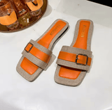 Women’s Summer 2025 Flat Sandals – Square Toe, Metal Buckle, Plus Size, Casual Beach Slippers, European & American Style