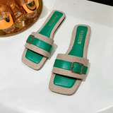 Women’s Summer 2025 Flat Sandals – Square Toe, Metal Buckle, Plus Size, Casual Beach Slippers, European & American Style