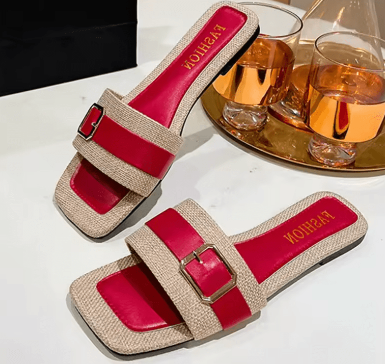 Women’s Summer 2025 Flat Sandals – Square Toe, Metal Buckle, Plus Size, Casual Beach Slippers, European & American Style