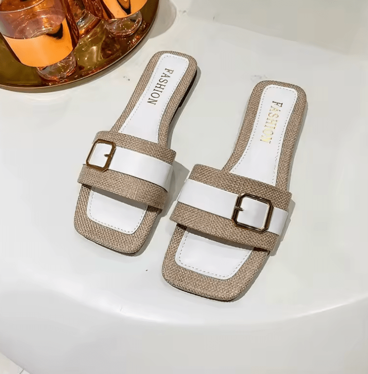 Women’s Summer 2025 Flat Sandals – Square Toe, Metal Buckle, Plus Size, Casual Beach Slippers, European & American Style