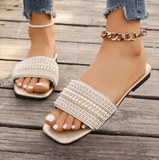 Women’s Lightweight Beach Slippers – Seawater Crystal Design, Flat Bottom, One-Row Beading, Breathable Polyamide Fabric, Casual Summer Slides
