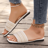 Women’s Lightweight Beach Slippers – Seawater Crystal Design, Flat Bottom, One-Row Beading, Breathable Polyamide Fabric, Casual Summer Slides