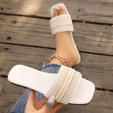 Women’s Lightweight Beach Slippers – Seawater Crystal Design, Flat Bottom, One-Row Beading, Breathable Polyamide Fabric, Casual Summer Slides