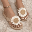 2025 Women’s Linen Flower Flip Flops – Flat Heel Summer Slides, Casual Outdoor Beach Slippers, Stylish Ladies Sandals