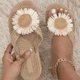 2025 Women’s Linen Flower Flip Flops – Flat Heel Summer Slides, Casual Outdoor Beach Slippers, Stylish Ladies Sandals