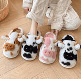 Fluffy Cartoon Cow Slippers for Women – Winter Plush Home Slides | Cute Fuzzy Flat Platform Shoes