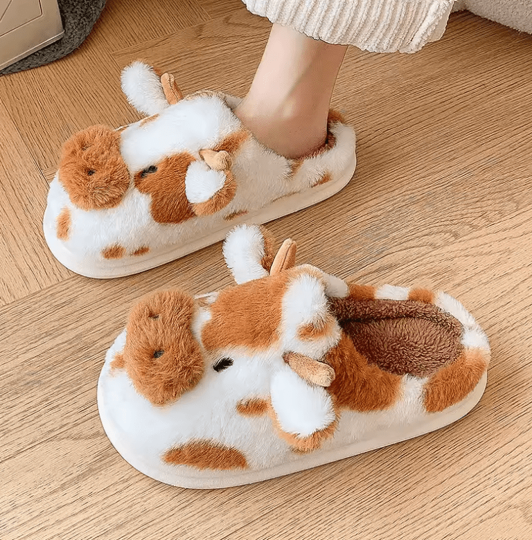 Fluffy Cartoon Cow Slippers for Women – Winter Plush Home Slides | Cute Fuzzy Flat Platform Shoes