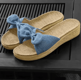 Women’s High Heel Linen Slippers – Indoor Summer Slip-On Shoes | Thick Heel, Comfortable Home Footwear