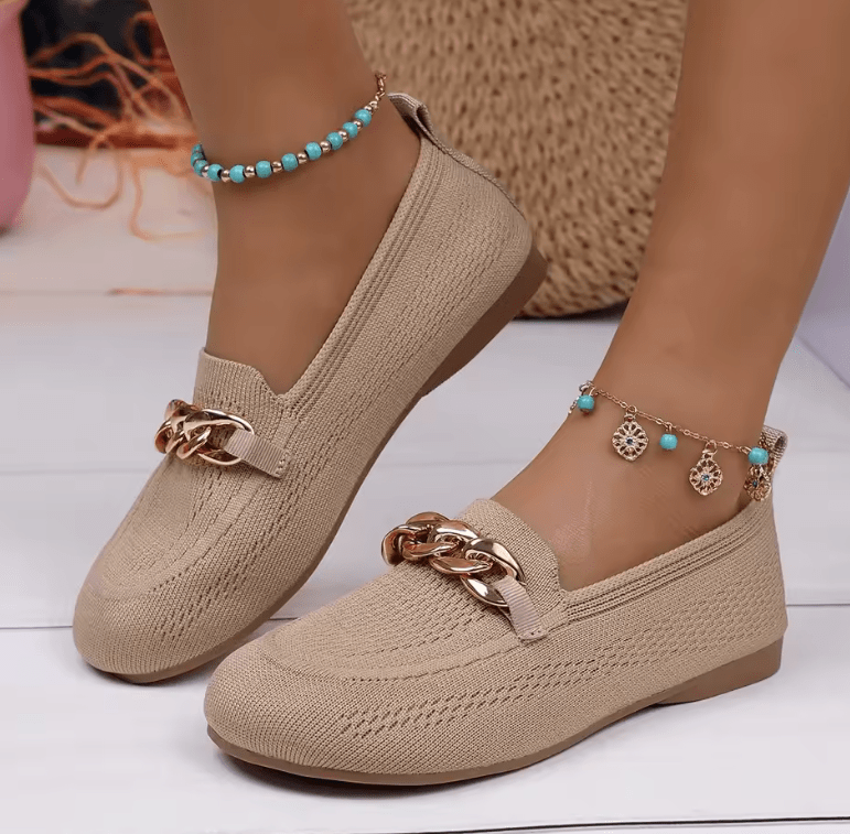 2025 Women’s Casual Knitted Shoes – Round Toe Slip-On Loafers with Metal Chain | Spring & Autumn Comfort Flats