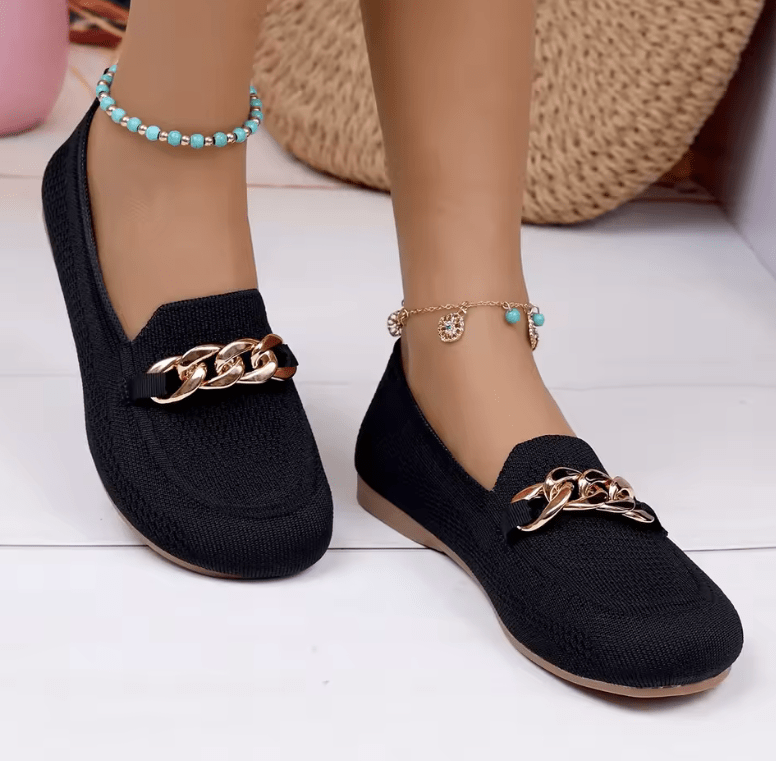 2025 Women’s Casual Knitted Shoes – Round Toe Slip-On Loafers with Metal Chain | Spring & Autumn Comfort Flats