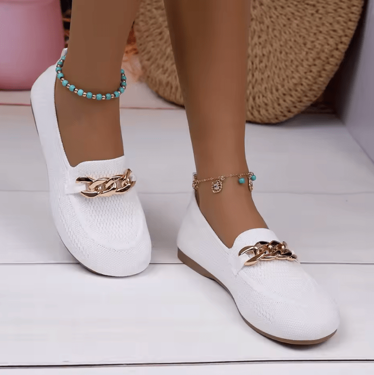 2025 Women’s Casual Knitted Shoes – Round Toe Slip-On Loafers with Metal Chain | Spring & Autumn Comfort Flats