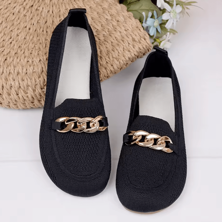 2025 Women’s Casual Knitted Shoes – Round Toe Slip-On Loafers with Metal Chain | Spring & Autumn Comfort Flats