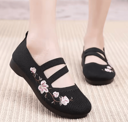 2025 Women’s Embroidered Slip-On Flats – Soft Sole Lightweight Comfort Shoes | Elastic Easy-Wear Mom Shoes