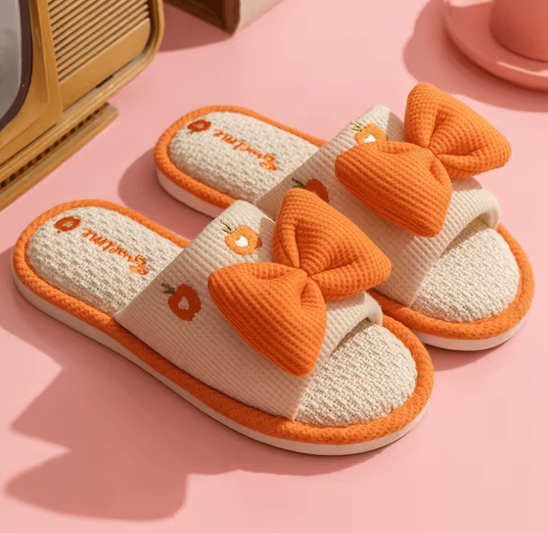 Ladies’ Summer Linen Slippers – Cute Cartoon Bow, Anti-Slip Indoor Shoes