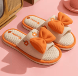 Ladies’ Summer Linen Slippers – Cute Cartoon Bow, Anti-Slip Indoor Shoes