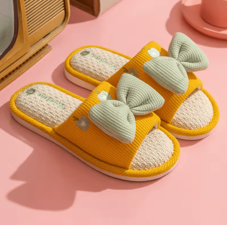 Ladies’ Summer Linen Slippers – Cute Cartoon Bow, Anti-Slip Indoor Shoes