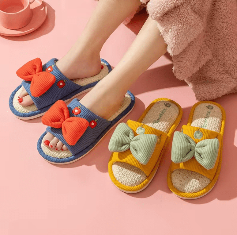 Ladies’ Summer Linen Slippers – Cute Cartoon Bow, Anti-Slip Indoor Shoes