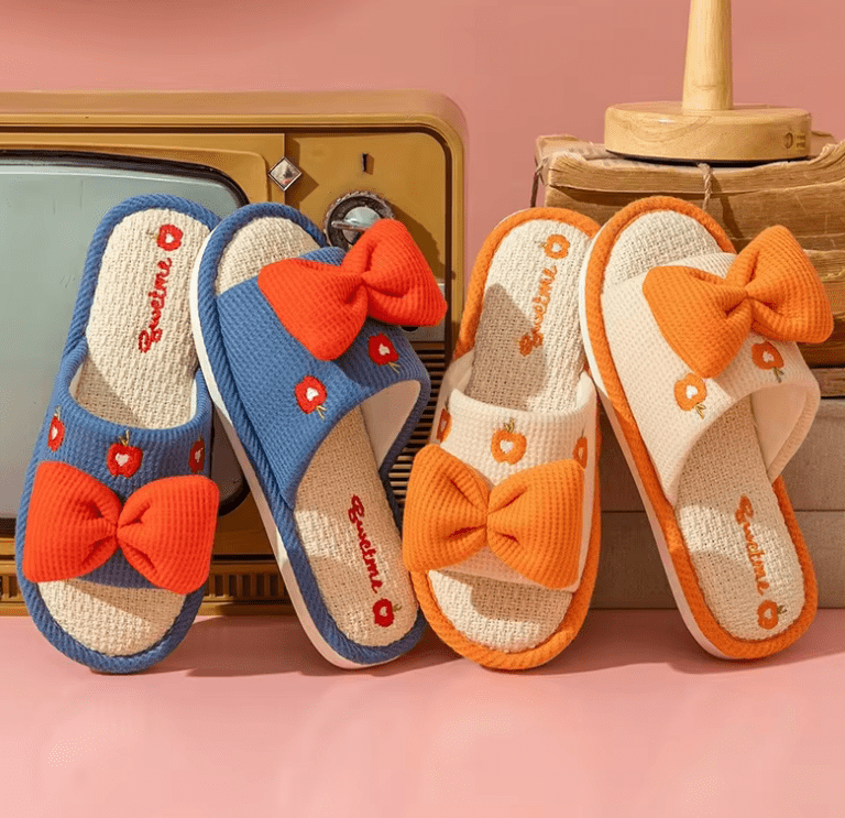 Ladies’ Summer Linen Slippers – Cute Cartoon Bow, Anti-Slip Indoor Shoes