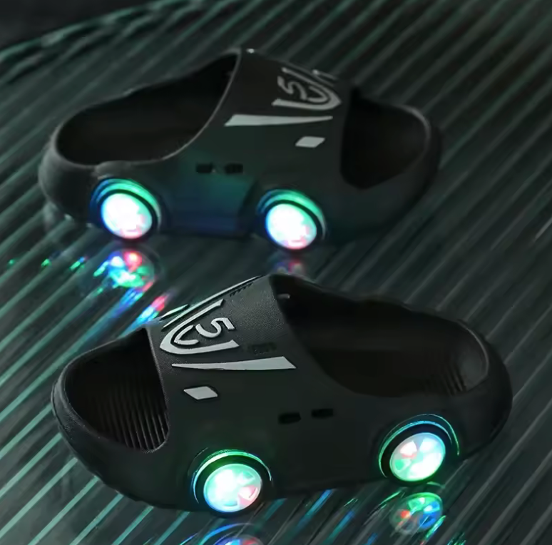 Kids’ LED Cartoon Car Slippers – Non-Slip Light-Up Indoor & Beach Shoes | Soft Sole Sandals for Boys & Girls