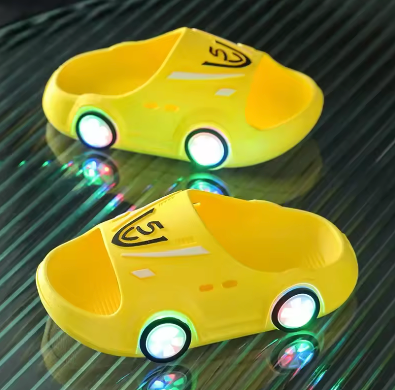 Kids’ LED Cartoon Car Slippers – Non-Slip Light-Up Indoor & Beach Shoes | Soft Sole Sandals for Boys & Girls