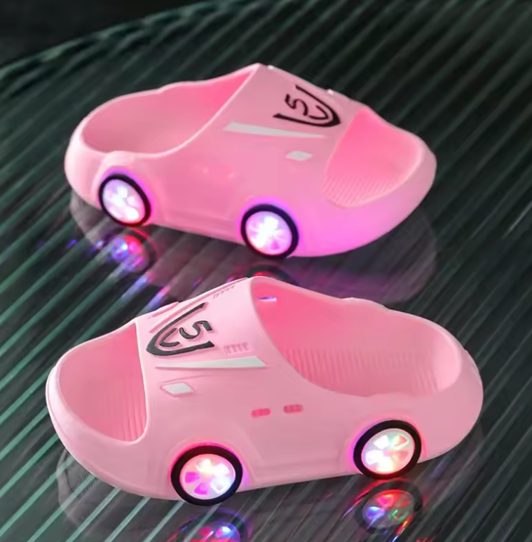 Kids’ LED Cartoon Car Slippers – Non-Slip Light-Up Indoor & Beach Shoes | Soft Sole Sandals for Boys & Girls