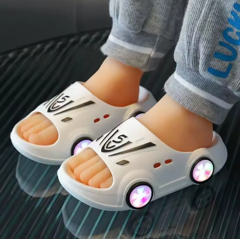 Kids’ LED Cartoon Car Slippers – Non-Slip Light-Up Indoor & Beach Shoes | Soft Sole Sandals for Boys & Girls