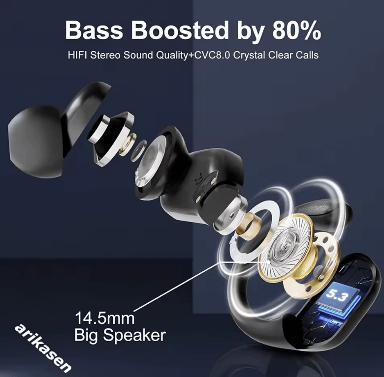 Bluetooth 5.3 True Wireless Earbuds – Bass Stereo Sound, 60H Playback, LED Display Charging Case, ENC Mic
