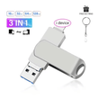 3-in-1 USB 3.0 Flash Drive for iPhone/iPad – 8GB/16GB/32GB Storage with Lightning, Type-C & Micro USB Interface – Rotating OTG Pen Drive
