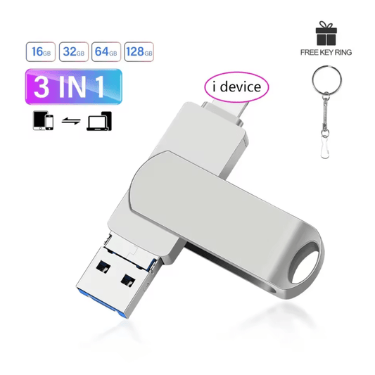 3-in-1 USB 3.0 Flash Drive for iPhone/iPad – 8GB/16GB/32GB Storage with Lightning, Type-C & Micro USB Interface – Rotating OTG Pen Drive