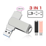 3-in-1 USB 3.0 Flash Drive for iPhone/iPad – 8GB/16GB/32GB Storage with Lightning, Type-C & Micro USB Interface – Rotating OTG Pen Drive