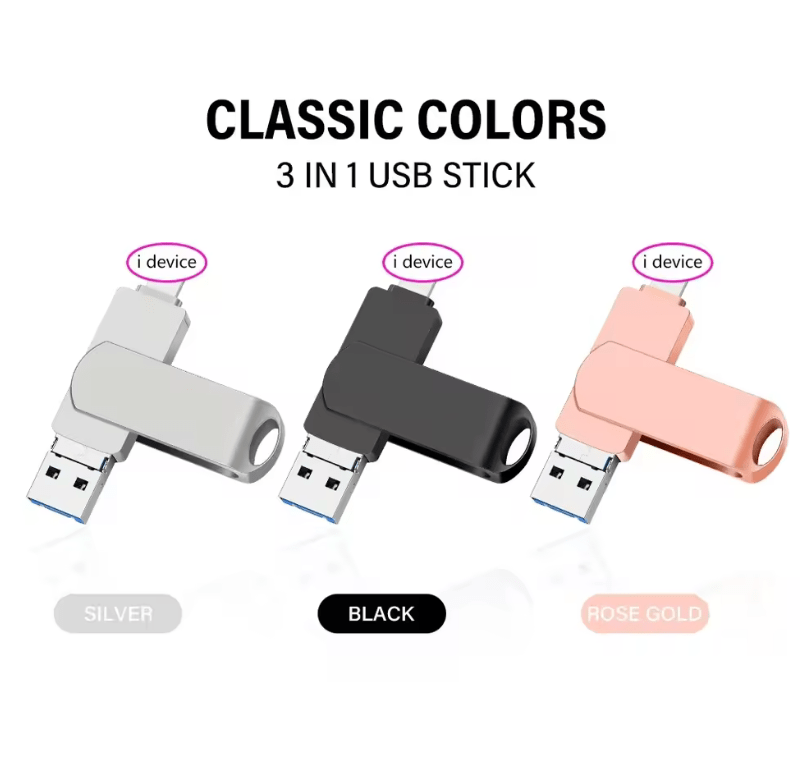 3-in-1 USB 3.0 Flash Drive for iPhone/iPad – 8GB/16GB/32GB Storage with Lightning, Type-C & Micro USB Interface – Rotating OTG Pen Drive