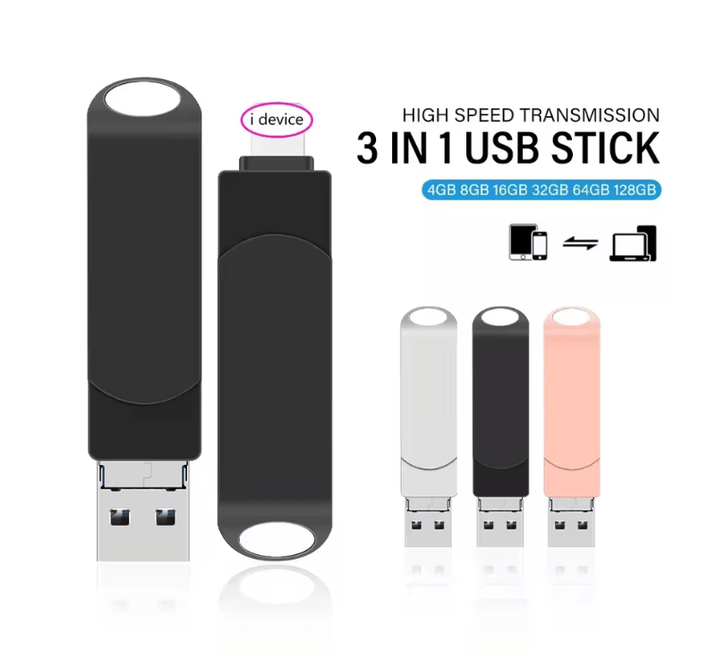3-in-1 USB 3.0 Flash Drive for iPhone/iPad – 8GB/16GB/32GB Storage with Lightning, Type-C & Micro USB Interface – Rotating OTG Pen Drive