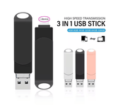 3-in-1 USB 3.0 Flash Drive for iPhone/iPad – 8GB/16GB/32GB Storage with Lightning, Type-C & Micro USB Interface – Rotating OTG Pen Drive