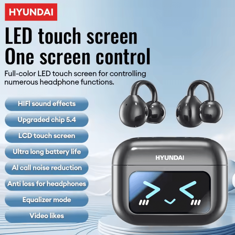 HYUNDAI M100 Bluetooth 5.4 Earbuds – LED Display, AI Noise Reduction, HiFi Sound, Anti-Loss Open Ear Hook Headphones