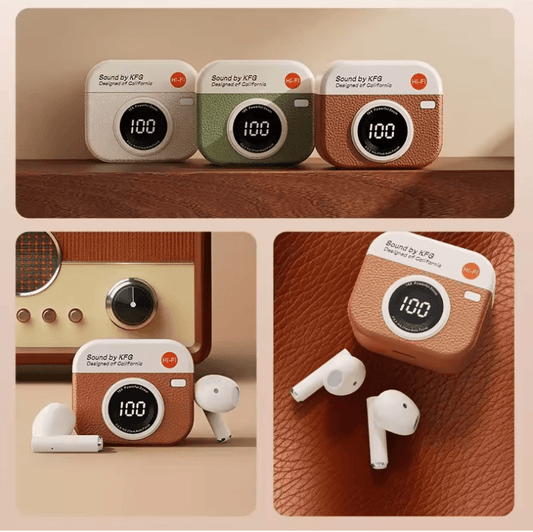 Q86 Retro Camera-Style Wireless Earbuds – Semi In-Ear, HD Sound, Power Display, Long Battery Life