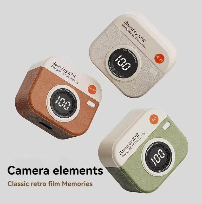 Q86 Retro Camera-Style Wireless Earbuds – Semi In-Ear, HD Sound, Power Display, Long Battery Life