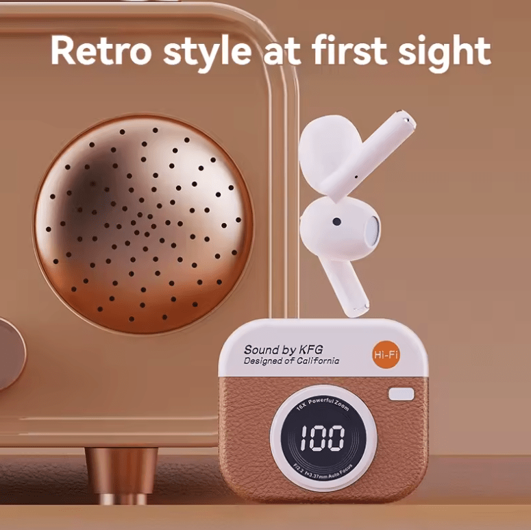 Q86 Retro Camera-Style Wireless Earbuds – Semi In-Ear, HD Sound, Power Display, Long Battery Life