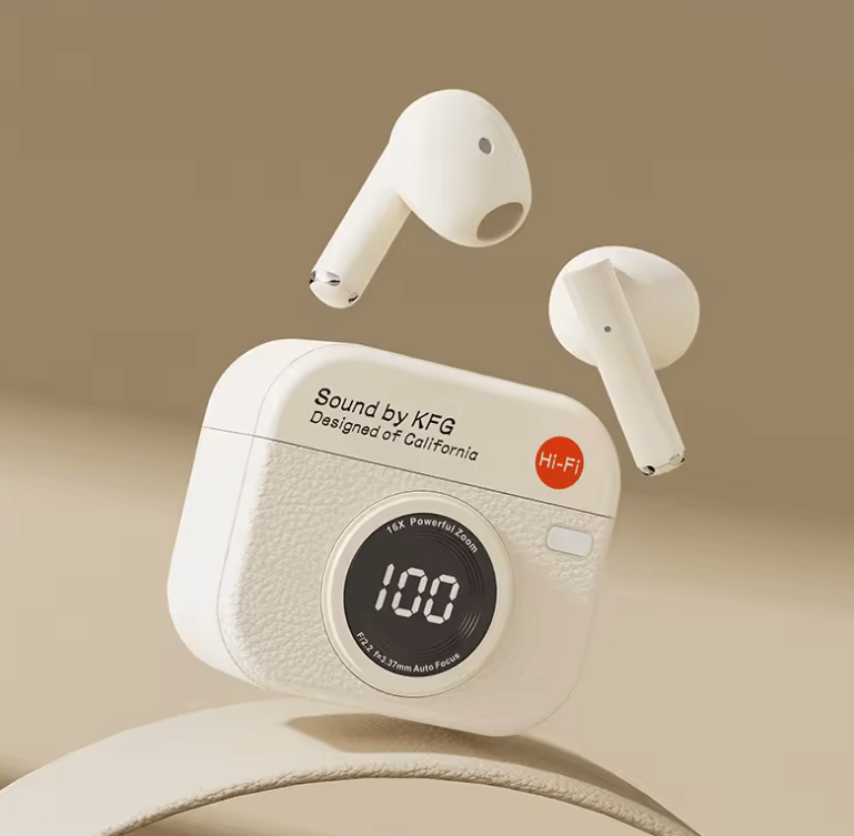 Q86 Retro Camera-Style Wireless Earbuds – Semi In-Ear, HD Sound, Power Display, Long Battery Life