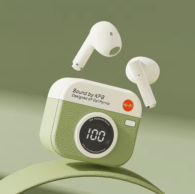 Q86 Retro Camera-Style Wireless Earbuds – Semi In-Ear, HD Sound, Power Display, Long Battery Life