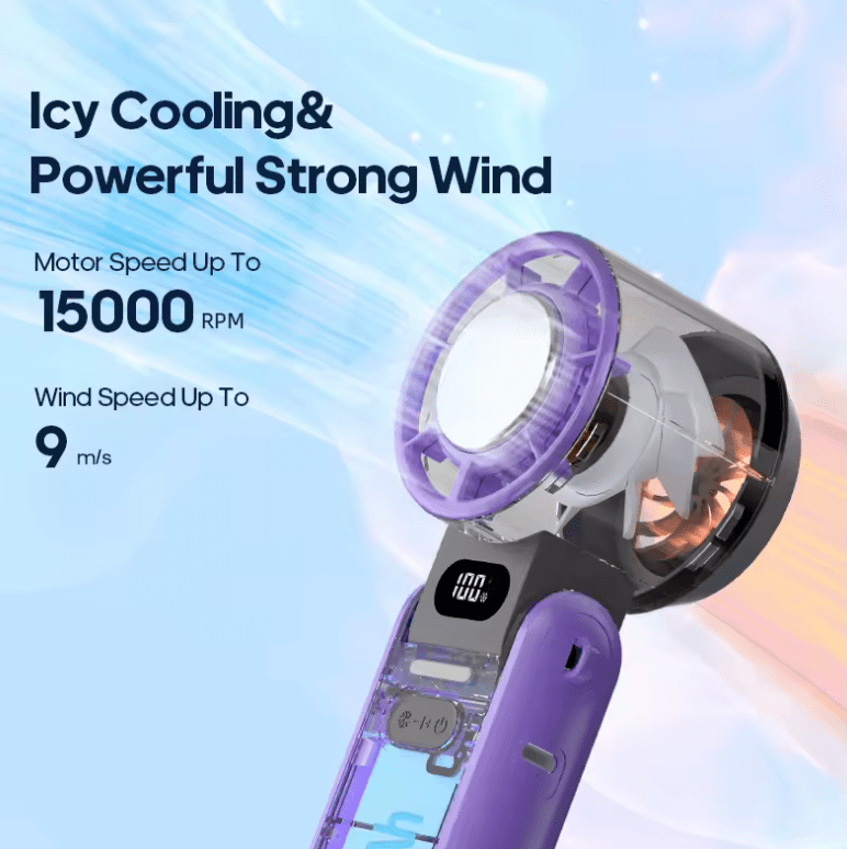 KINSCOTER Portable Foldable Handheld Fan – 3600mAh Rechargeable Turbo Fan with 100-Level Adjustable Speed for Outdoor Cooling