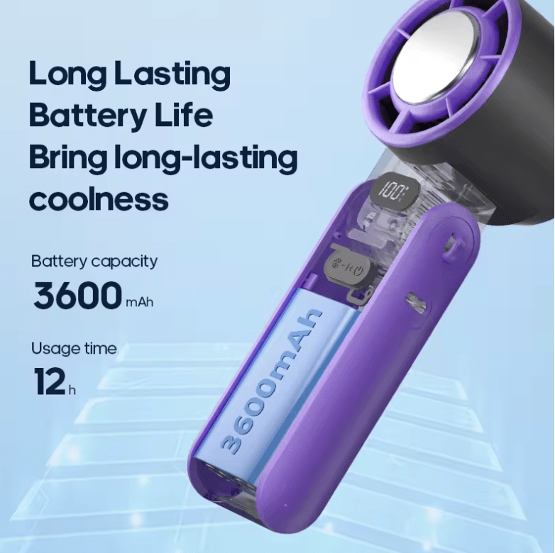 KINSCOTER Portable Foldable Handheld Fan – 3600mAh Rechargeable Turbo Fan with 100-Level Adjustable Speed for Outdoor Cooling