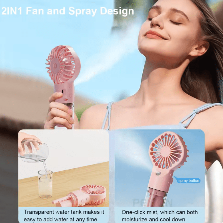 Portable USB Handheld Mist Fan – Mini Rechargeable Cooling Fan with Built-in Humidifier for Travel, Office & Outdoor Use