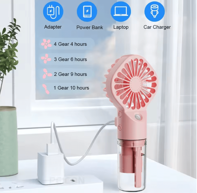 Portable USB Handheld Mist Fan – Mini Rechargeable Cooling Fan with Built-in Humidifier for Travel, Office & Outdoor Use