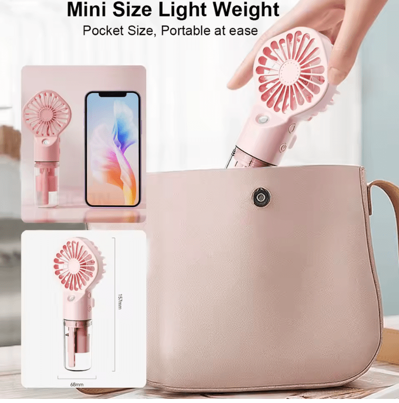 Portable USB Handheld Mist Fan – Mini Rechargeable Cooling Fan with Built-in Humidifier for Travel, Office & Outdoor Use